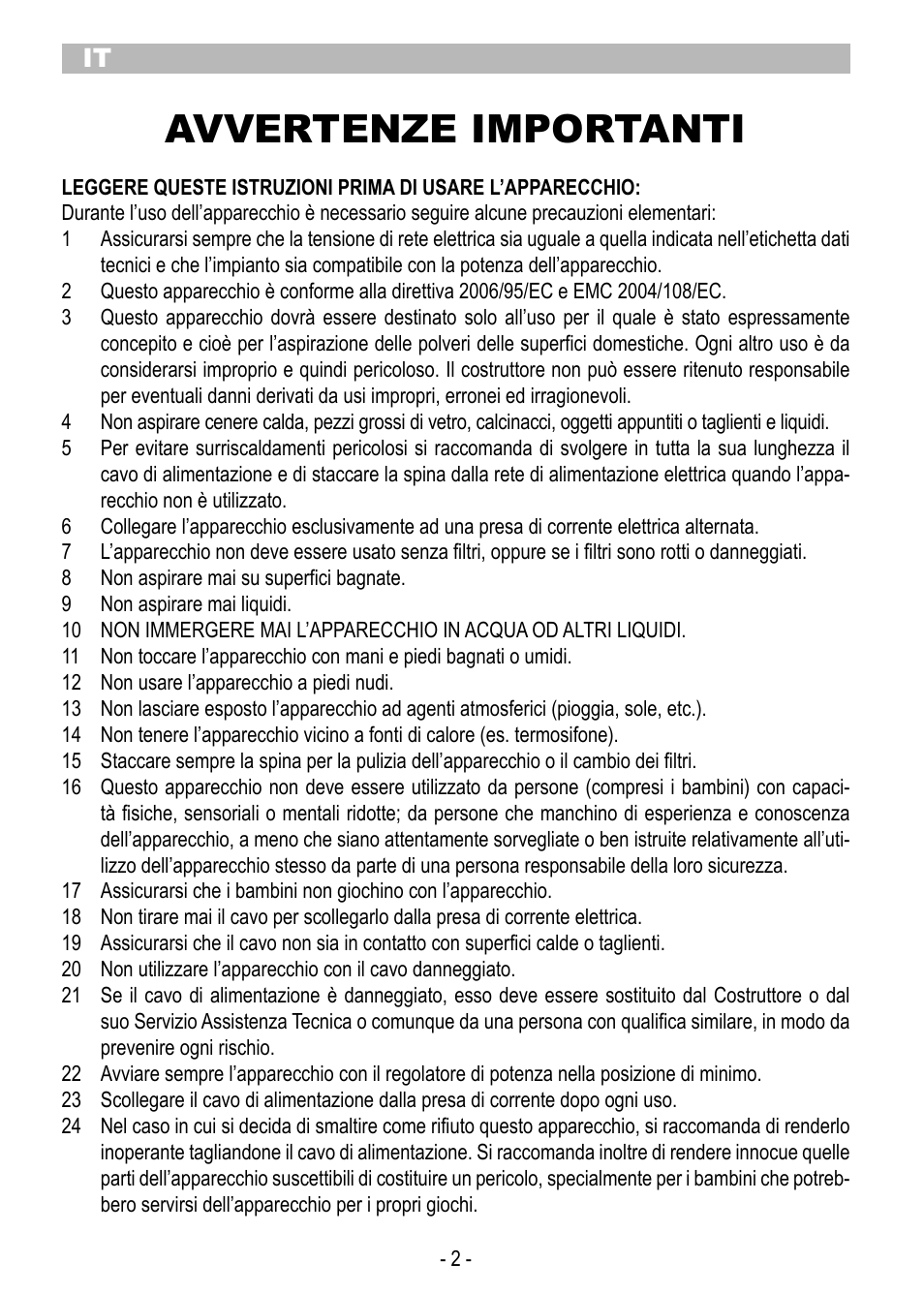 Avvertenze importanti | ARIETE Eco Power 2788 User Manual | Page 4 / 50