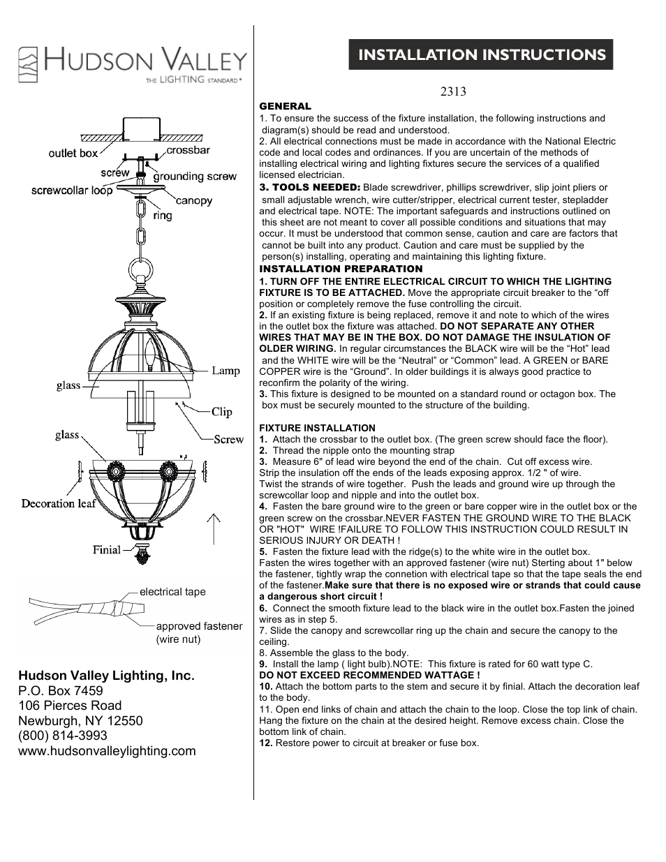 Hudson Valley Lighting MARIETTA 2313 User Manual | 1 page