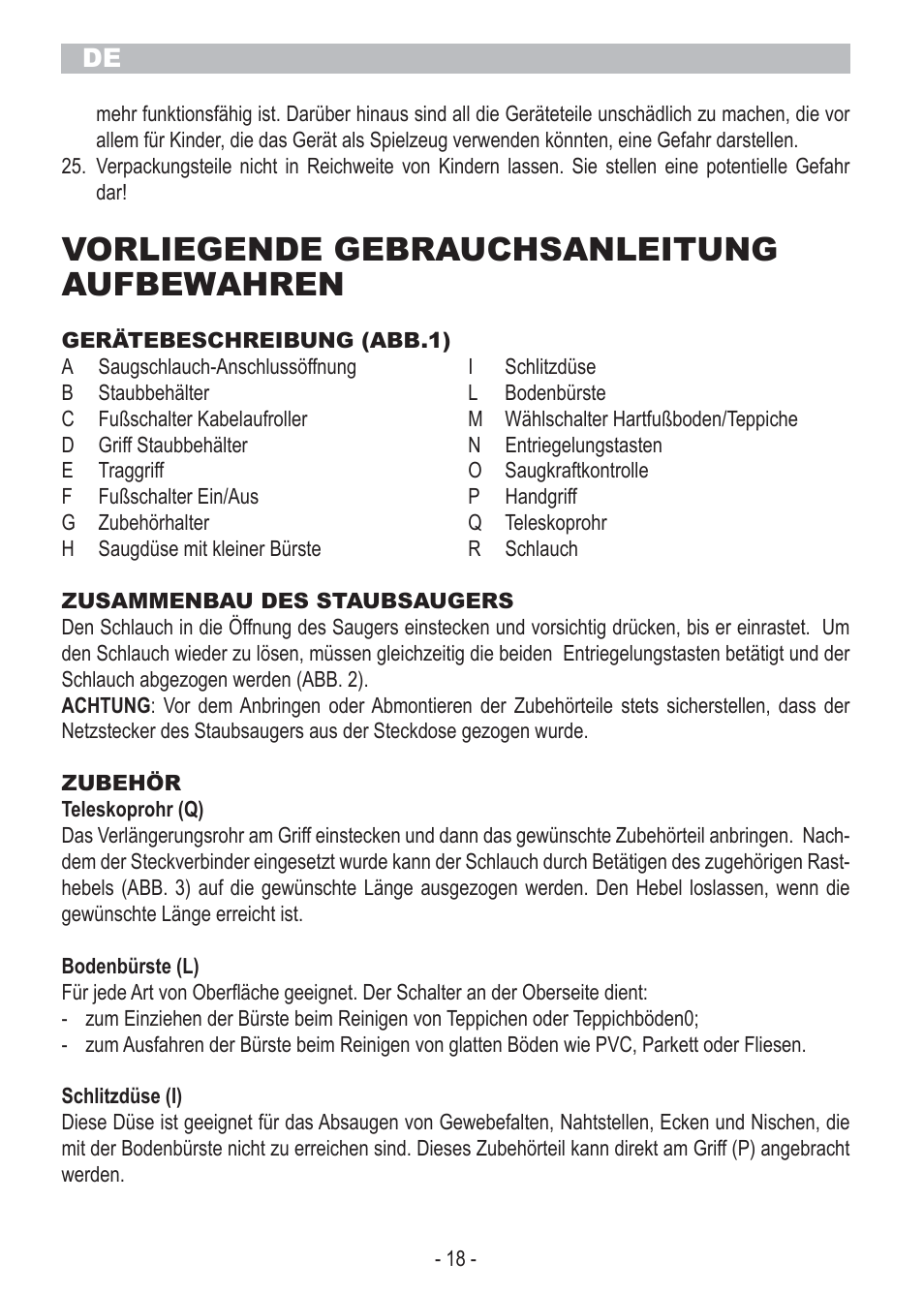 Vorliegende gebrauchsanleitung aufbewahren | ARIETE Bagless Vacuum Cleaner User Manual | Page 20 / 50