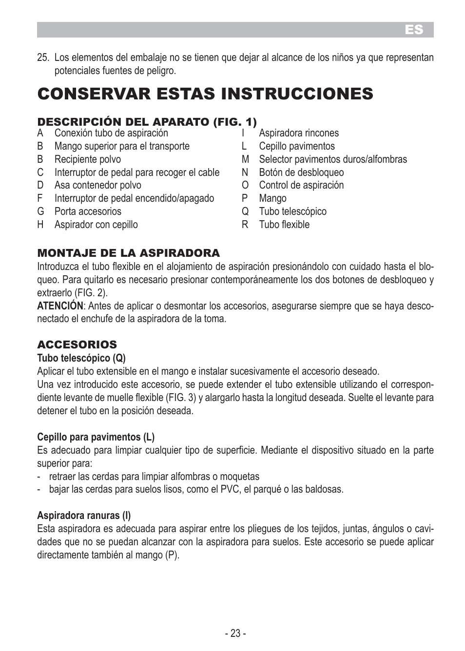 Conservar estas instrucciones | ARIETE Bagless Vacuum Cleaner User Manual | Page 25 / 50