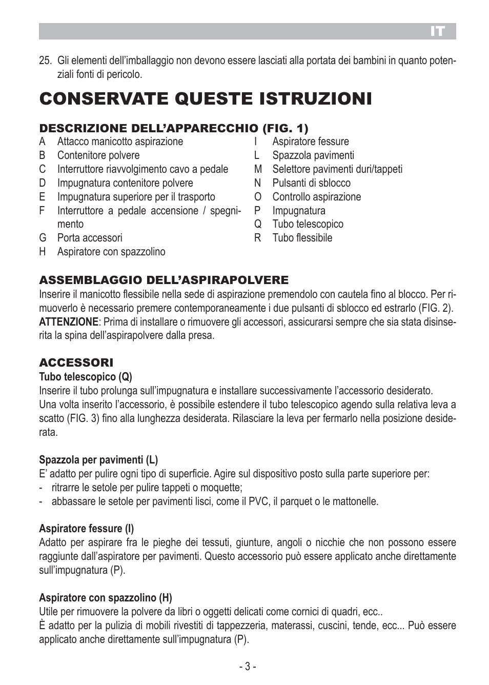 Conservate queste istruzioni | ARIETE Bagless Vacuum Cleaner User Manual | Page 5 / 50