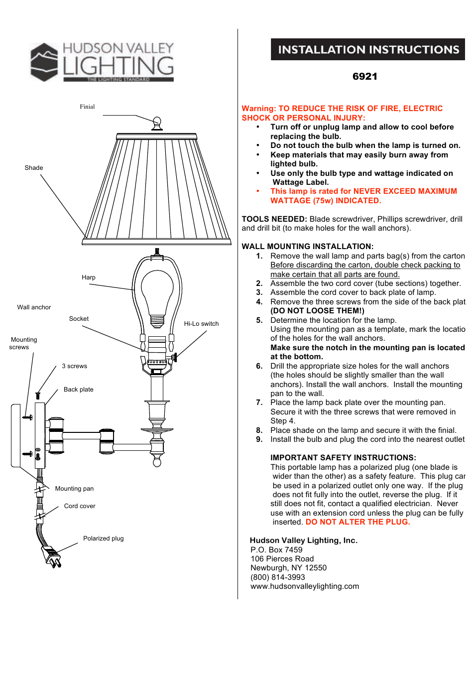 Hudson Valley Lighting NEWPORT 6921 User Manual | 1 page