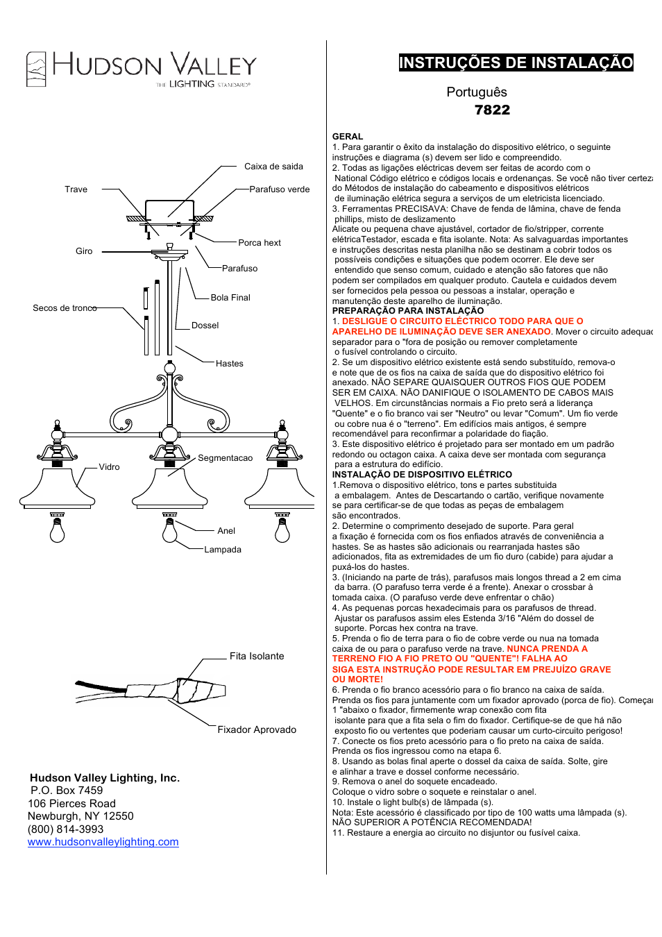 Instruções de instalação, Português 7822 | Hudson Valley Lighting ORCHARD PARK 7822 User Manual | Page 3 / 3