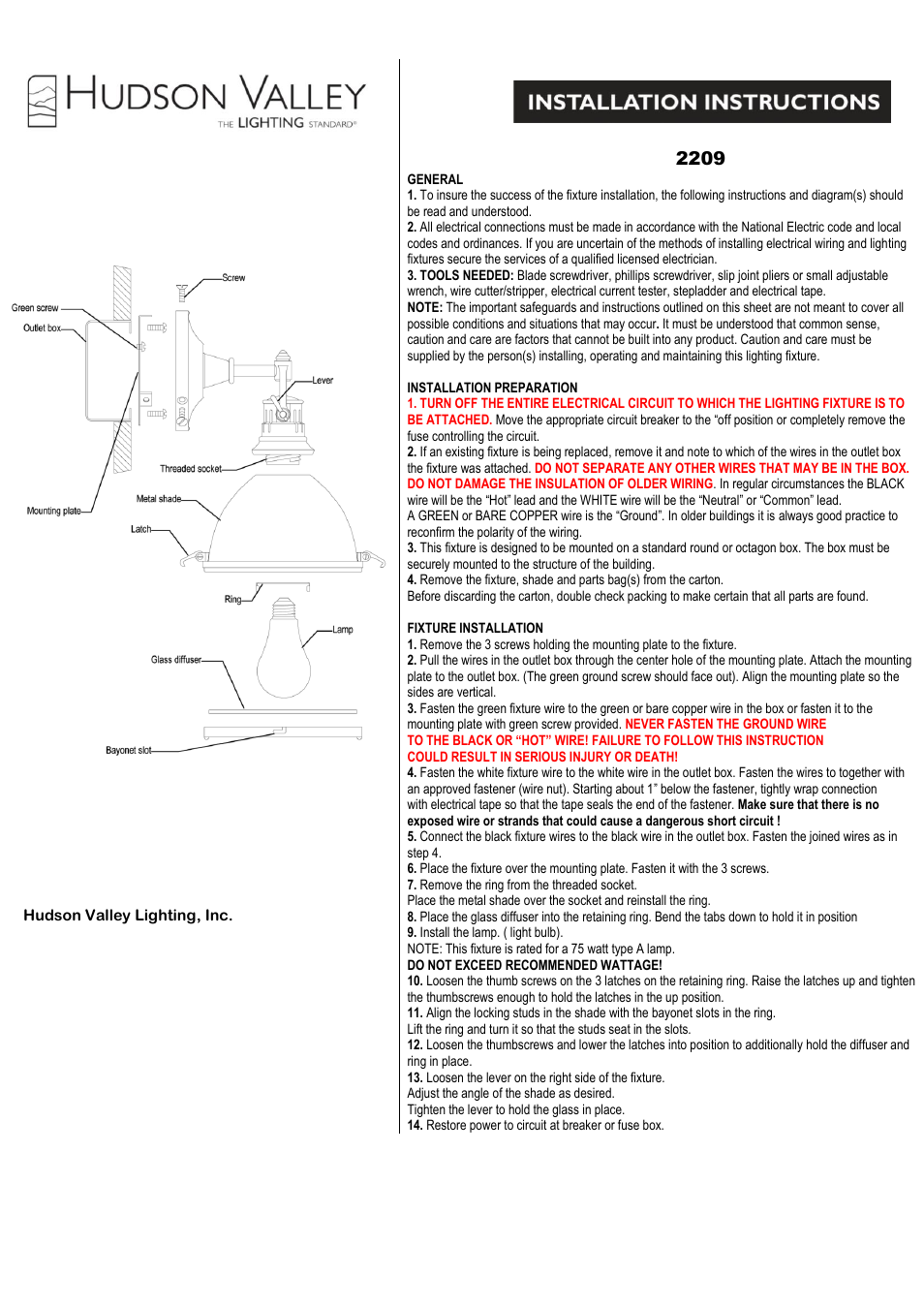 Hudson Valley Lighting PELHAM 2209 User Manual | 3 pages