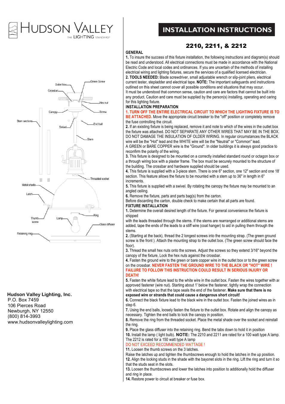 Hudson Valley Lighting PELHAM 2210-2212 User Manual | 2 pages