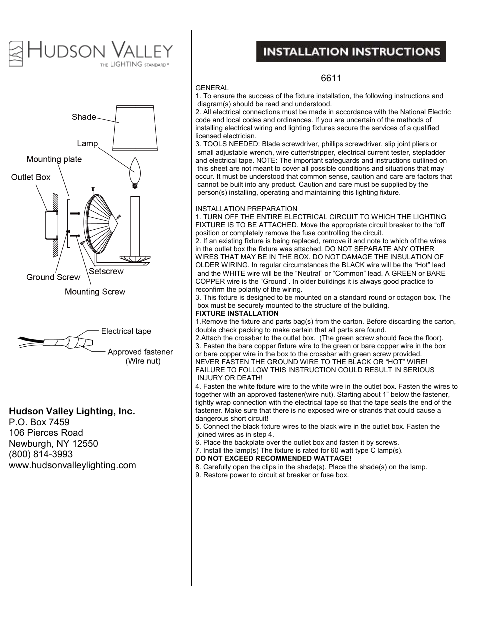 Hudson Valley Lighting PORTER 6611 User Manual | 1 page