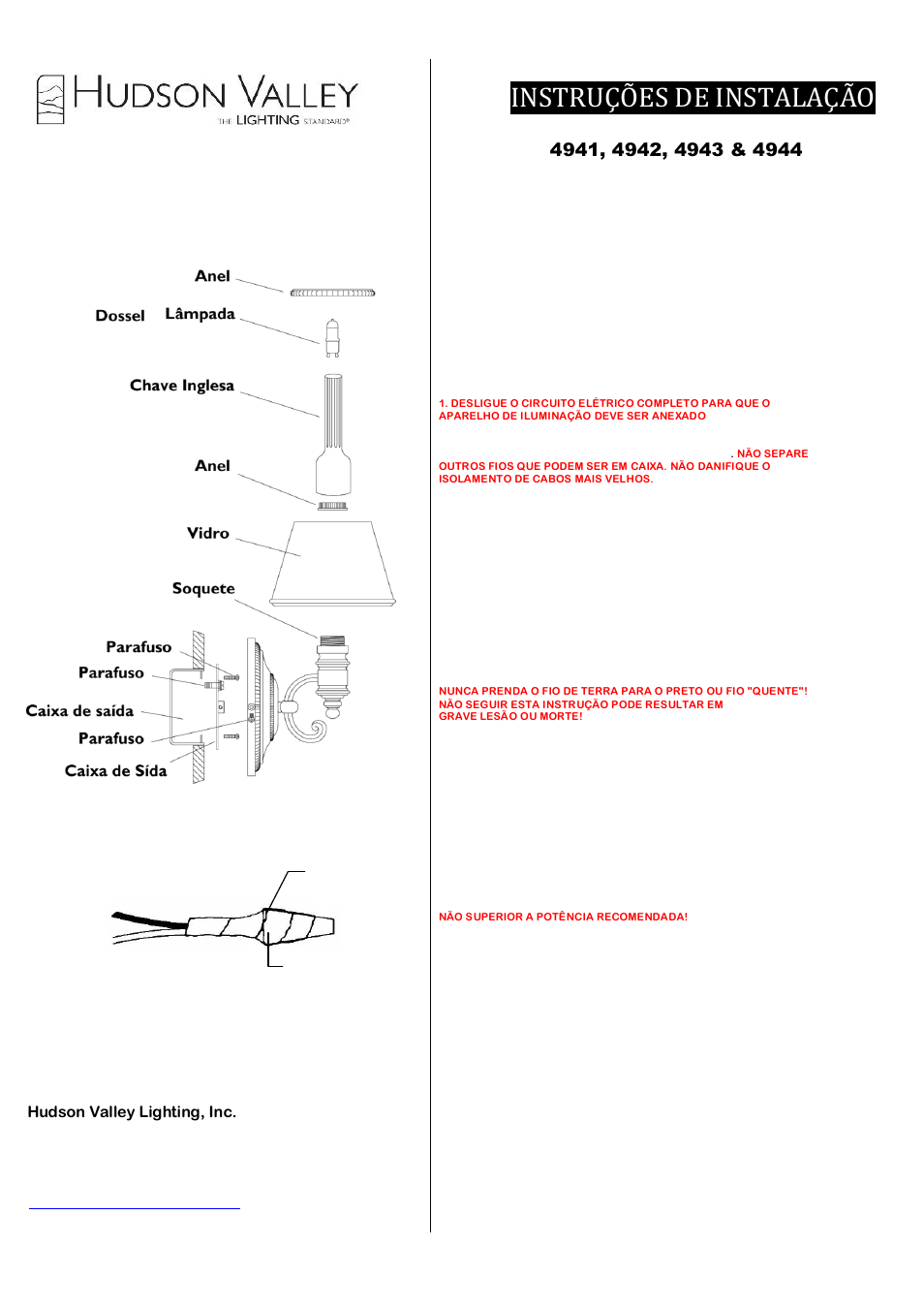 Instruções de instalação, Português | Hudson Valley Lighting RICHMOND 4941-4944 User Manual | Page 2 / 2