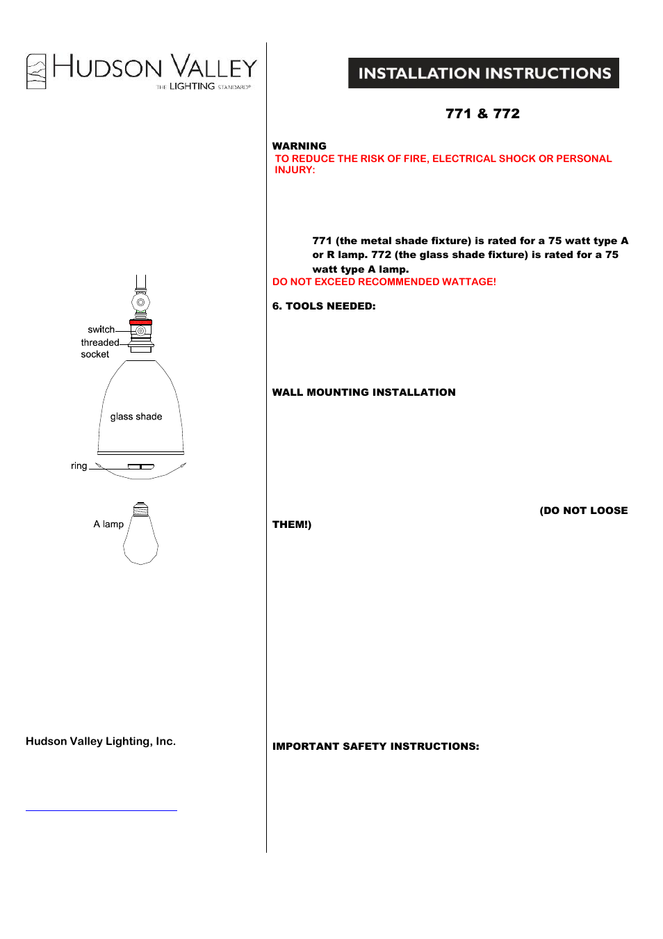 Hudson Valley Lighting ROSLYN 772 User Manual | 2 pages