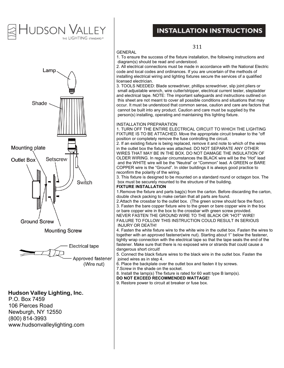 Hudson Valley Lighting SANFORD 311 User Manual | 1 page