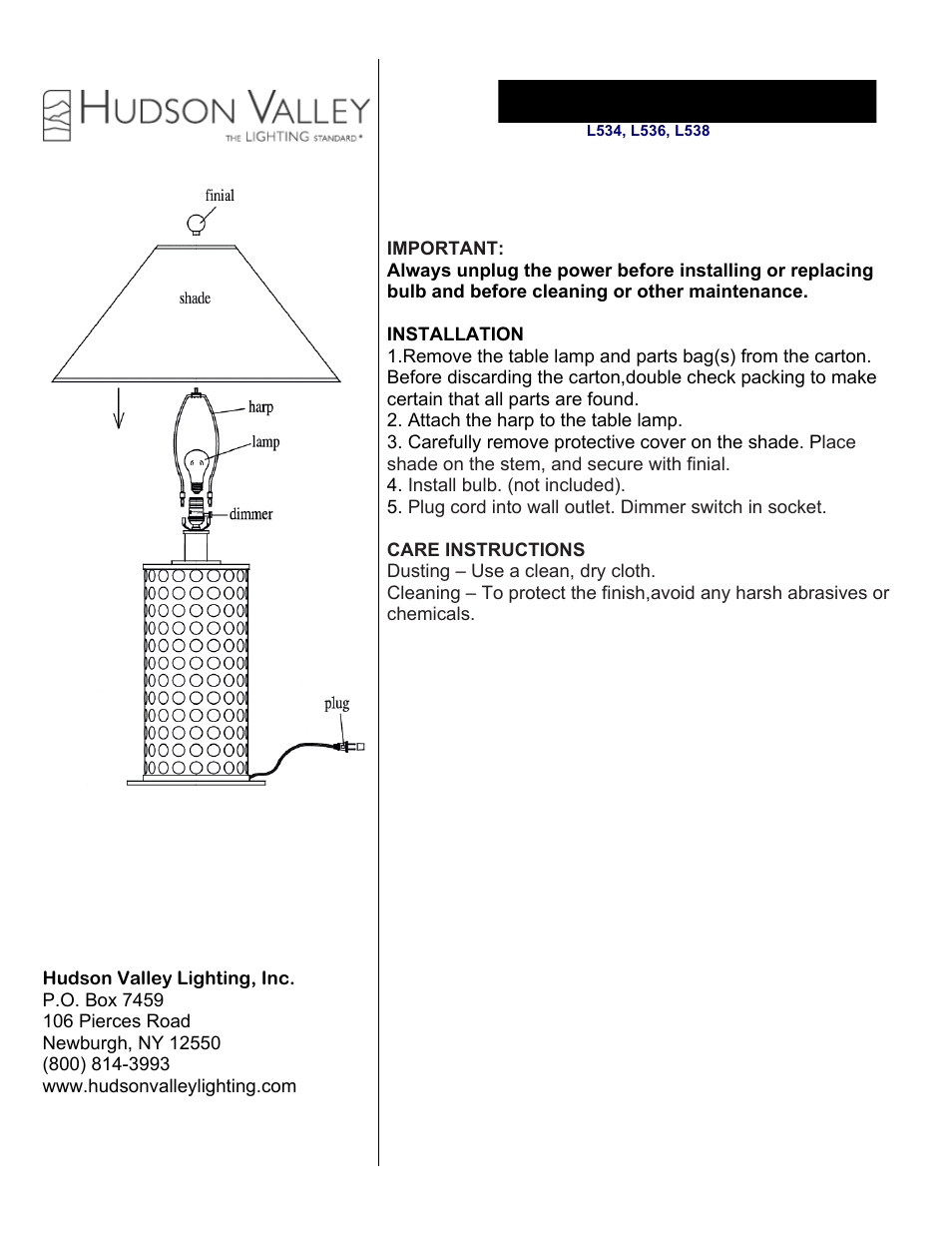 Hudson Valley Lighting SHELBY L534-538 User Manual | 1 page