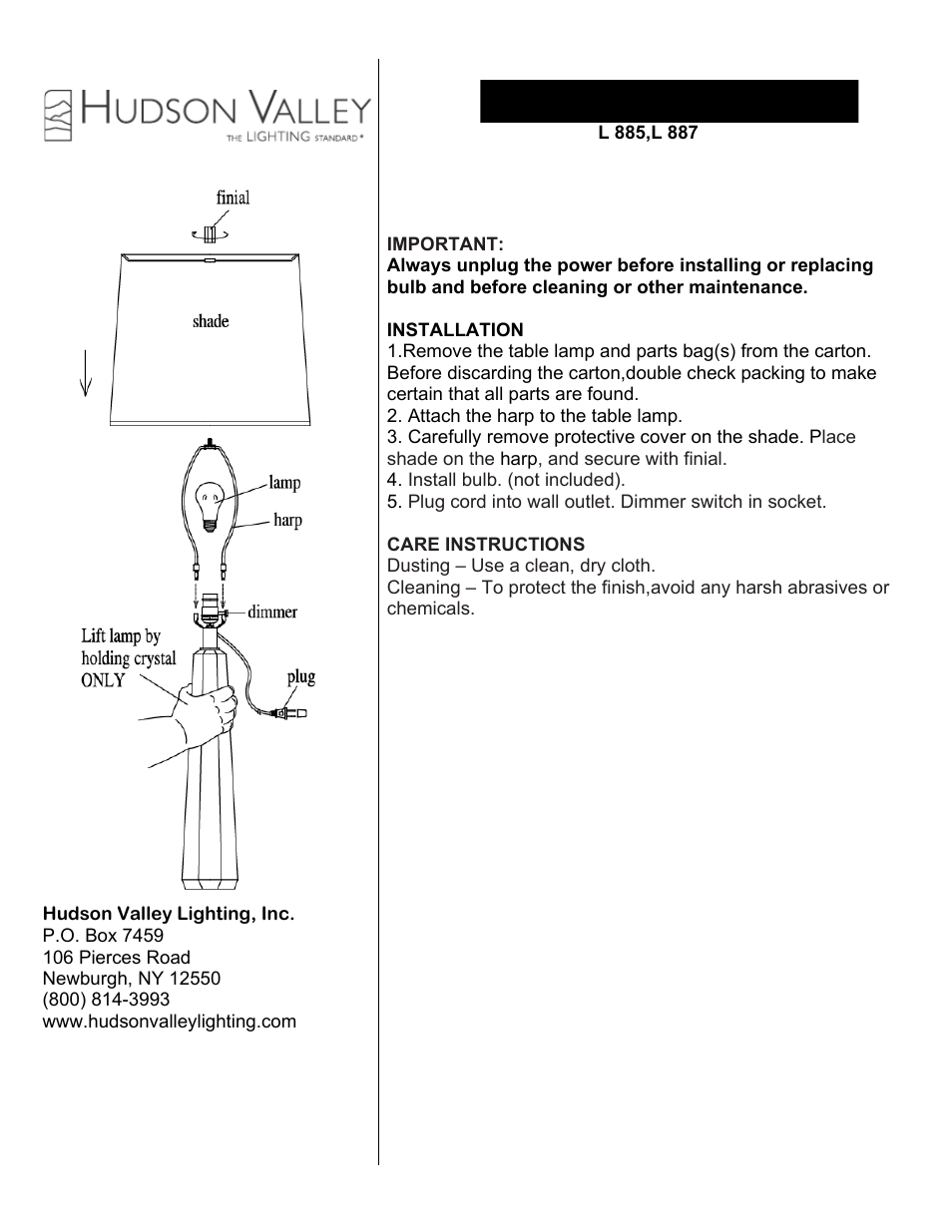 Hudson Valley Lighting TAYLOR L887 User Manual | 1 page