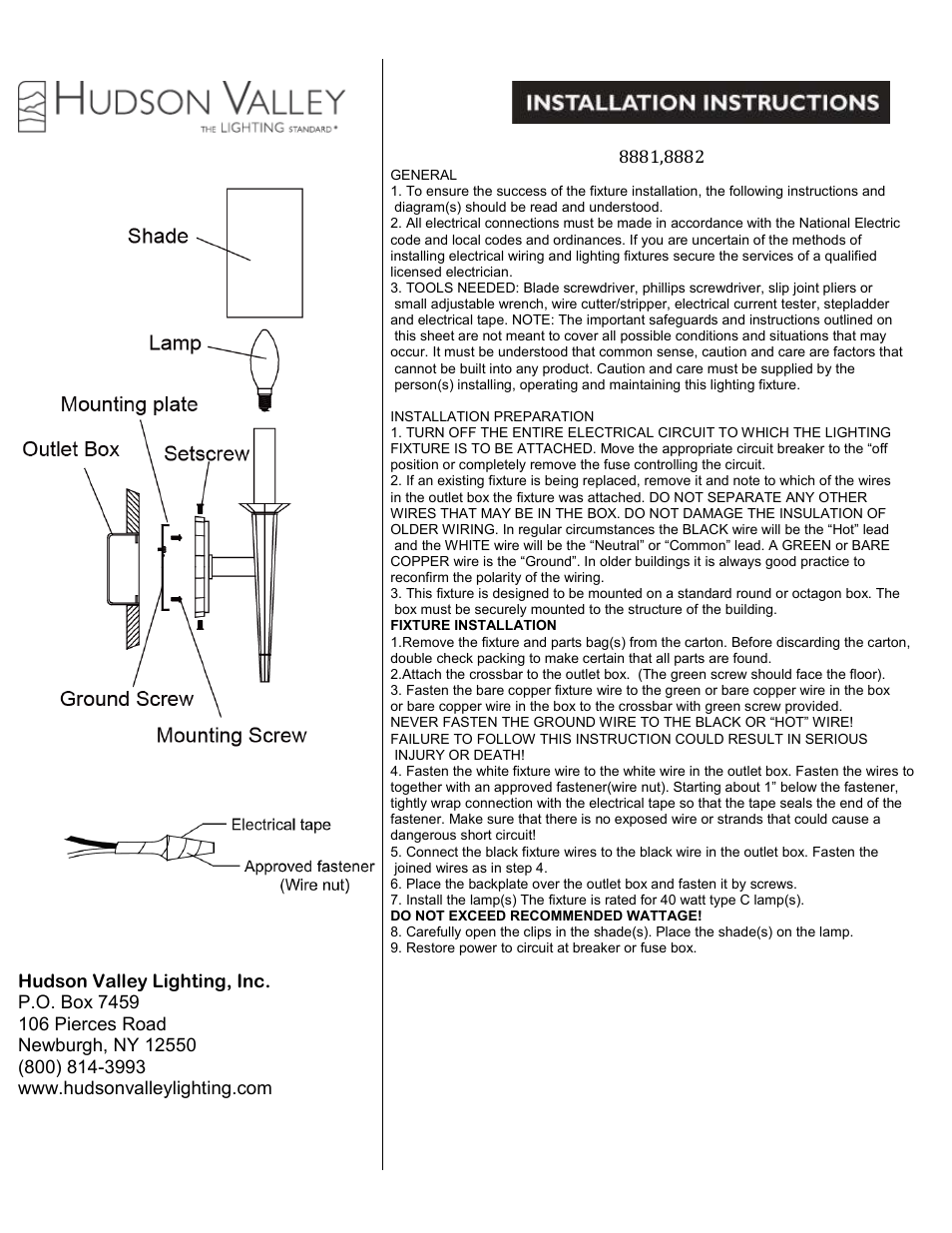 Hudson Valley Lighting TIOGA 8882 User Manual | 1 page