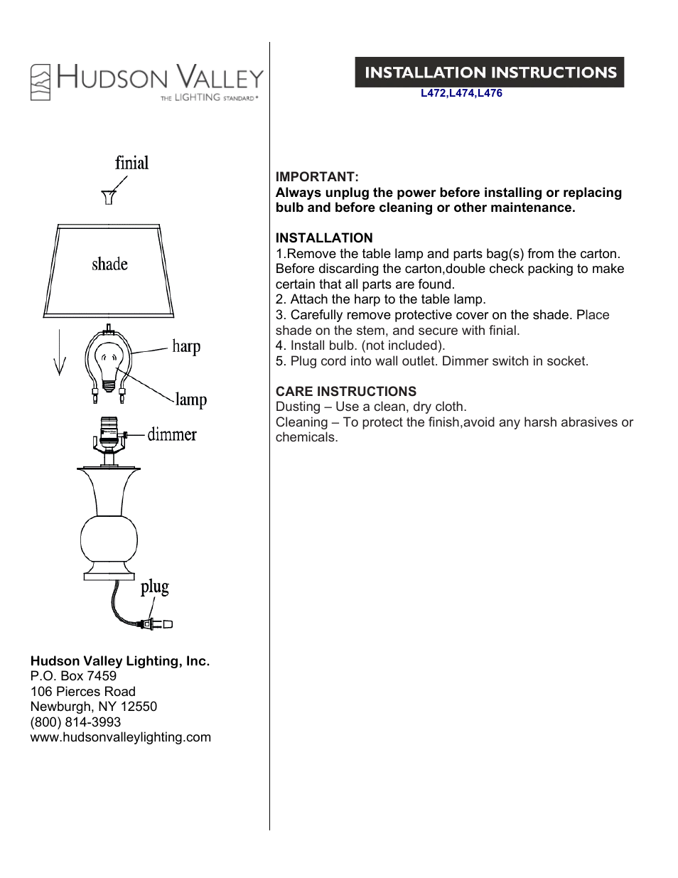 Hudson Valley Lighting WATER MILL L472-476 User Manual | 1 page