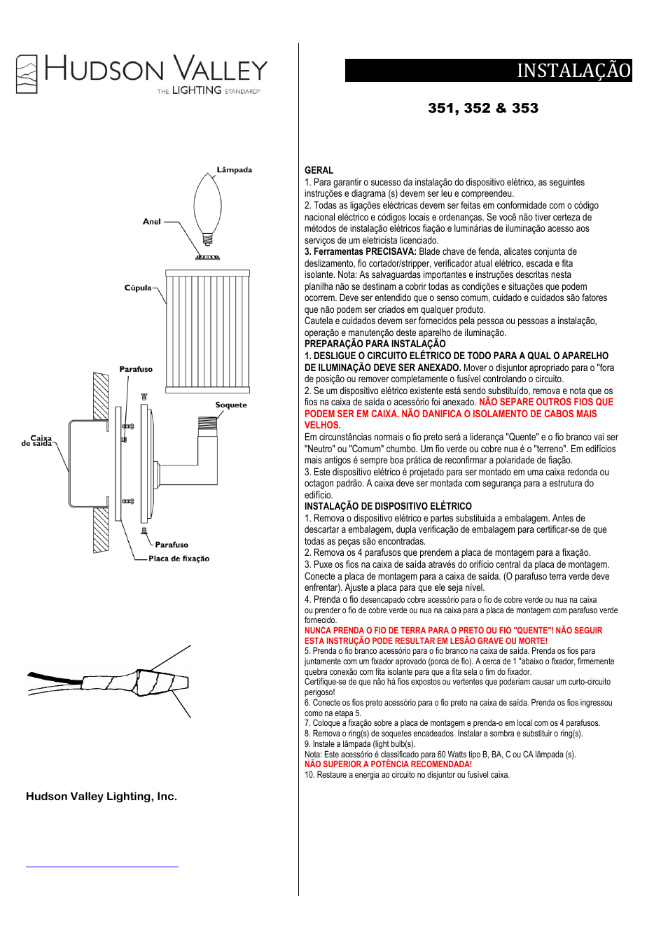 Instruções de instalação | Hudson Valley Lighting WAVERLY 351-353 User Manual | Page 3 / 3