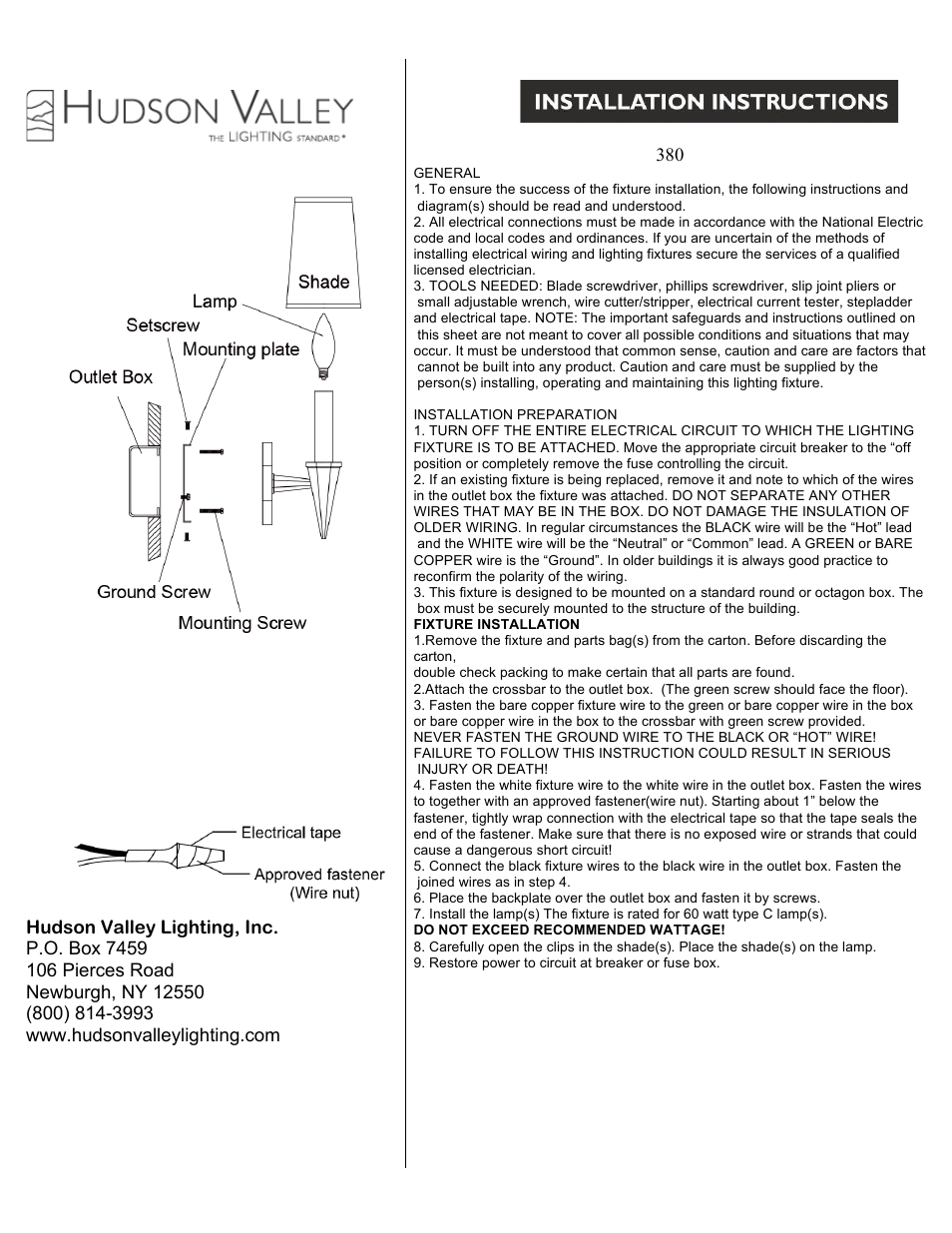 Hudson Valley Lighting WENDELL 380 User Manual | 1 page