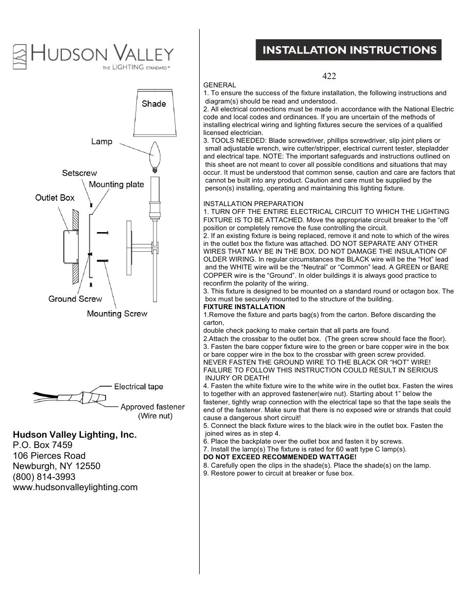 Hudson Valley Lighting WESTBURY 422 User Manual | 1 page
