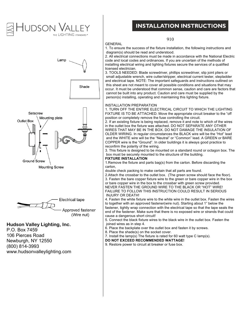 Hudson Valley Lighting WHITMIRE 910 User Manual | 1 page