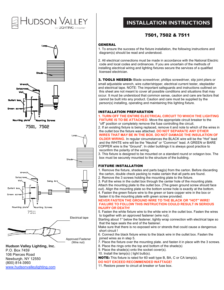 Hudson Valley Lighting WHITNEY 7501-7511 User Manual | 1 page