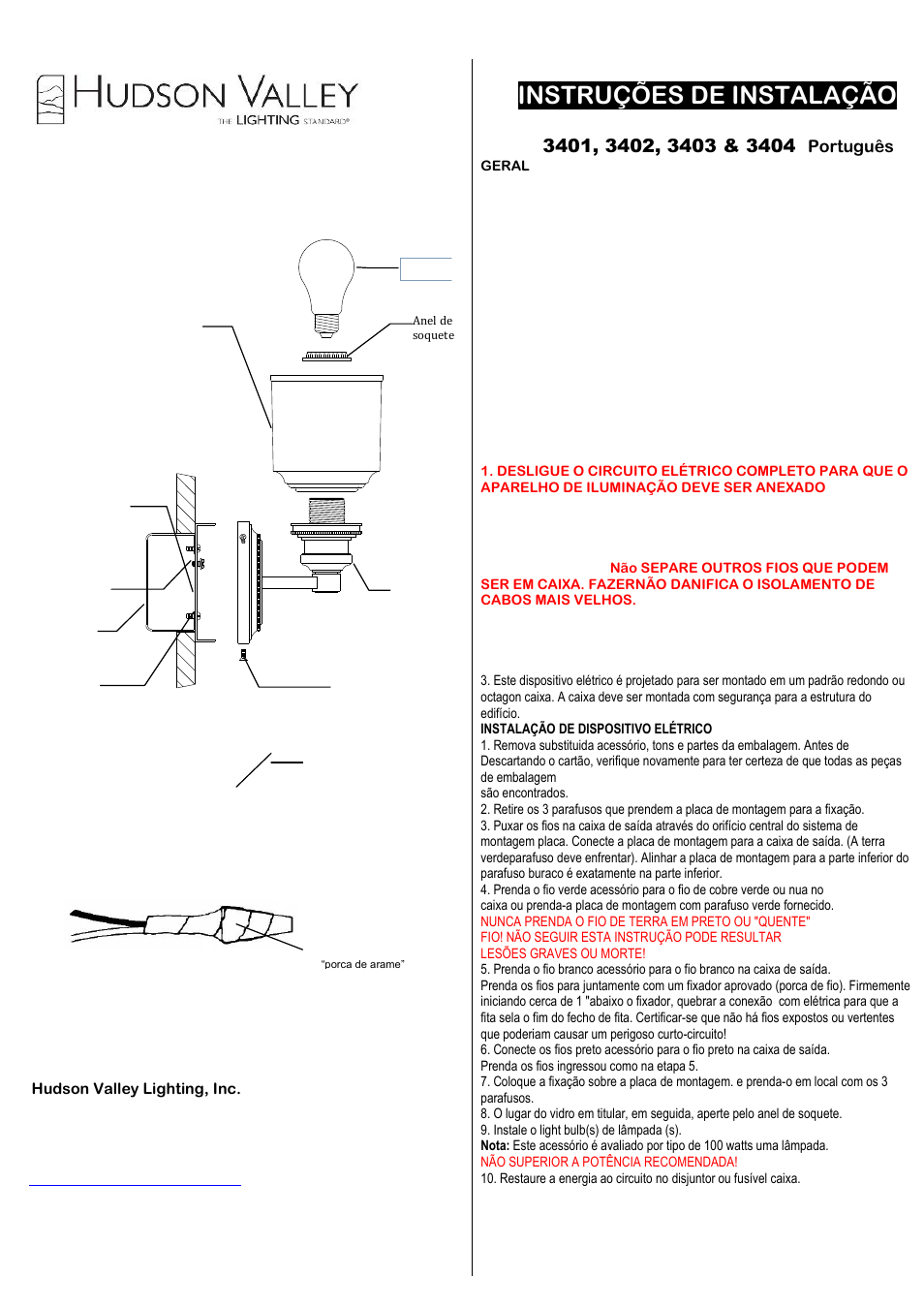 Instruções de instalação | Hudson Valley Lighting WINDHAM 3401-3404 User Manual | Page 2 / 2