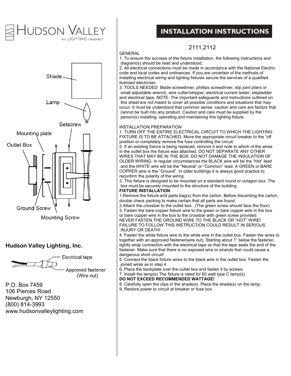 Hudson Valley Lighting YORK 2112 User Manual | 1 page