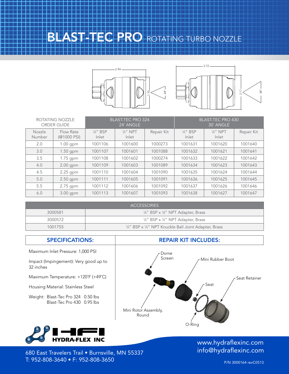 Blast-tec pro, Rotating turbo nozzle, Repair kit includes: specifications | Hydra-Flex Blast-Tec Pro Rotating Turbo Nozzle – 1000 PSI User Manual | Page 2 / 2