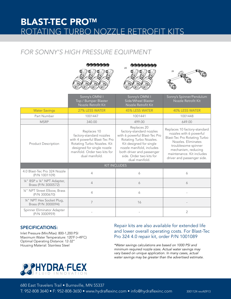 Hydra flex, Blast-tec pro, Rotating turbo nozzle retrofit kits | For sonny’s high pressure equipment | Hydra-Flex Blast-Tec Pro Sonnys Spinner_Pendulum Nozzle Retrofit Kit User Manual | Page 2 / 2