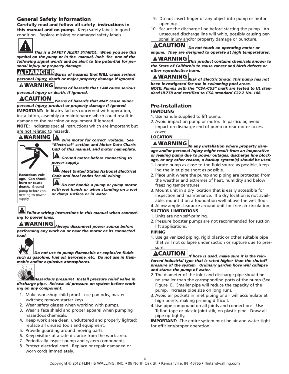 General safety information, Pre-installation | Hydra-Flex Pressure Booster Pumps User Manual | Page 4 / 15