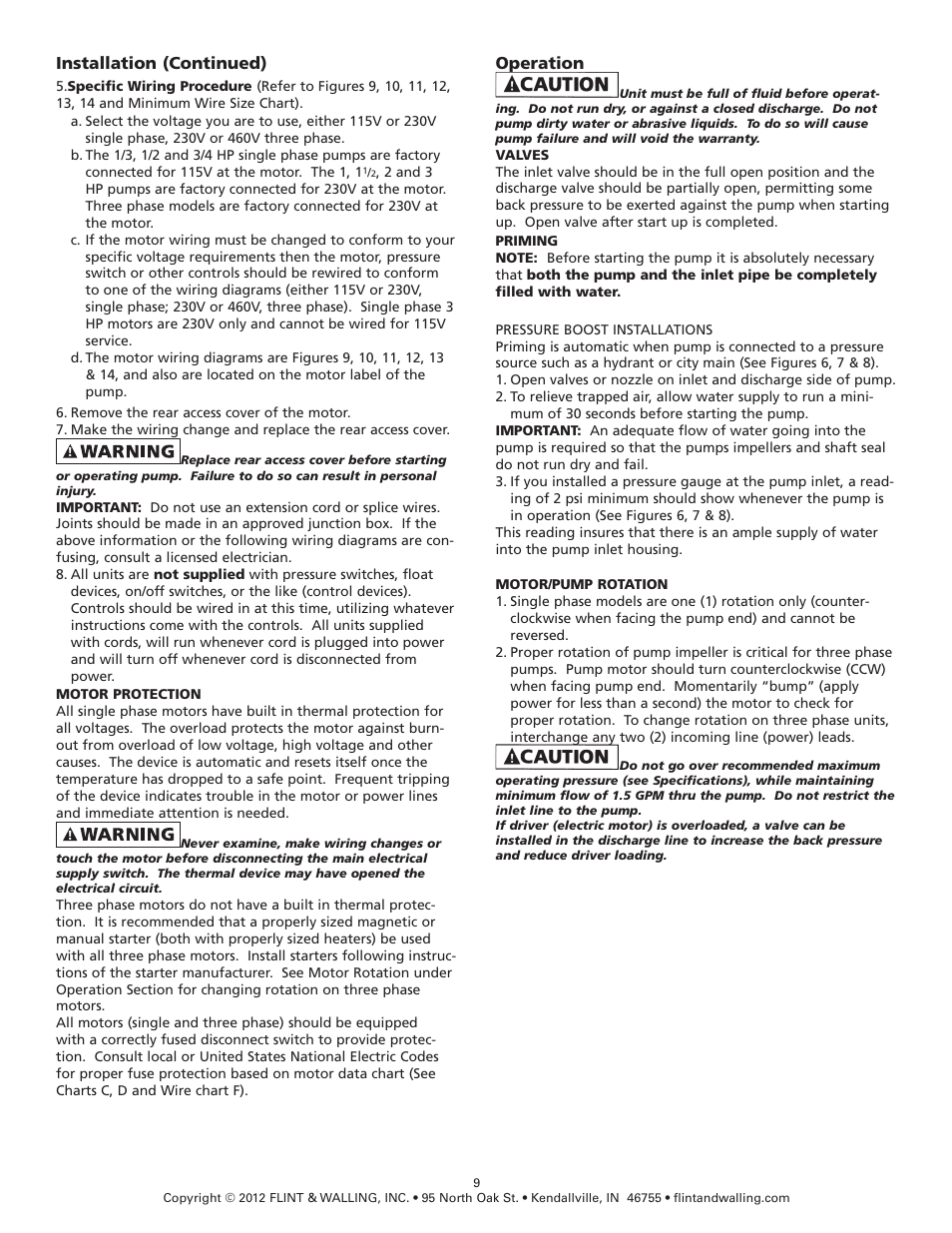 Installation (continued), Operation | Hydra-Flex Pressure Booster Pumps User Manual | Page 9 / 15