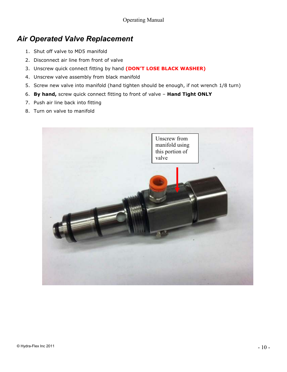 Air operated valve replacement | Hydra-Flex Aqua-Lab MD Operating Manual User Manual | Page 10 / 18