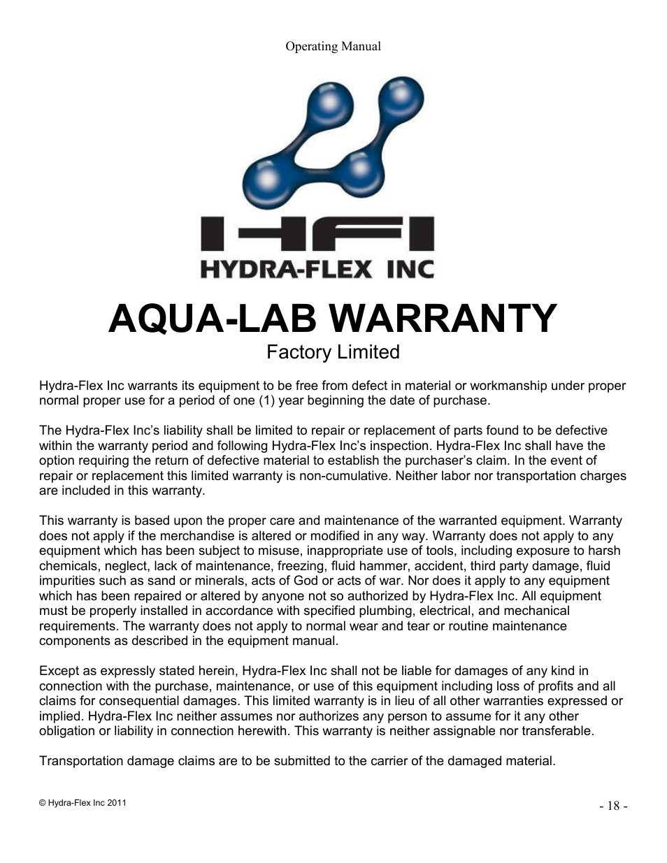 Aqua-lab warranty, Factory limited | Hydra-Flex Aqua-Lab MD Operating Manual User Manual | Page 18 / 18