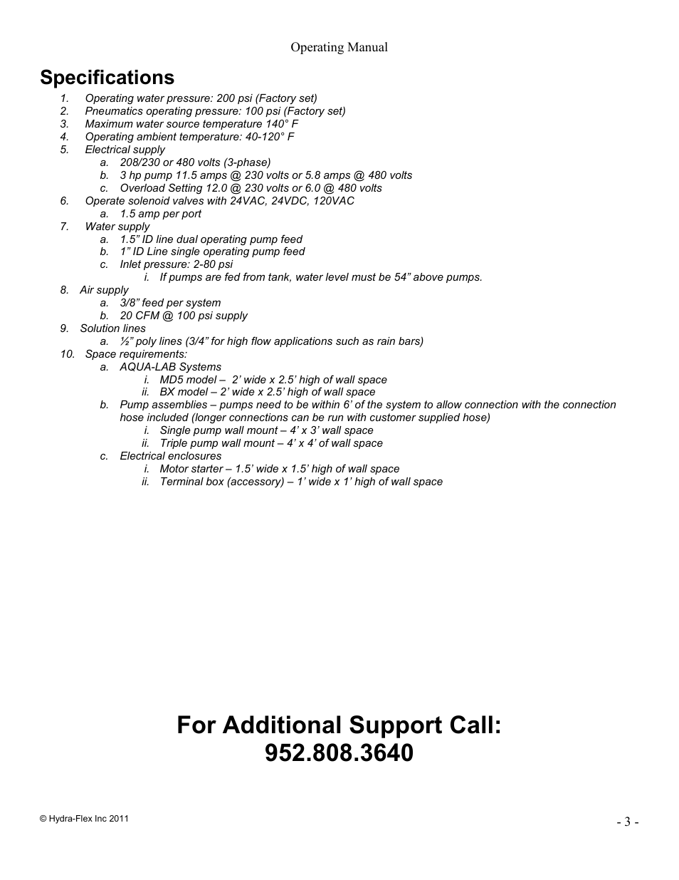 Specifications | Hydra-Flex Aqua-Lab MD Operating Manual User Manual | Page 3 / 18