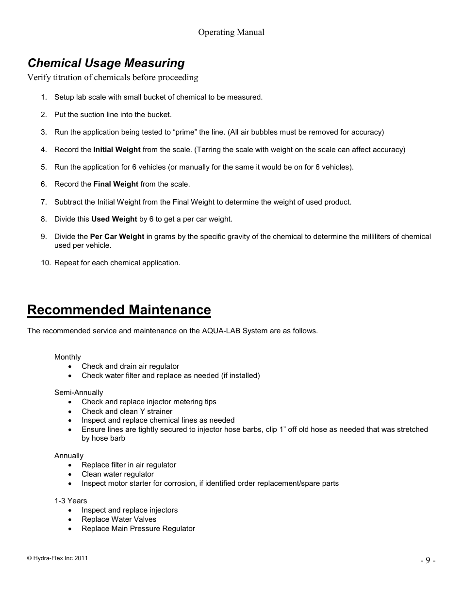 Recommended maintenance, Chemical usage measuring | Hydra-Flex Aqua-Lab MD Operating Manual User Manual | Page 9 / 18