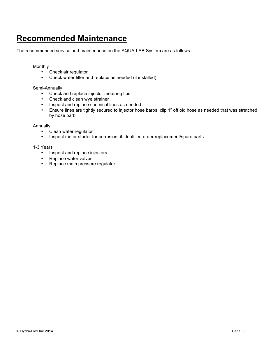Recommended maintenance | Hydra-Flex Aqua-Lab EVO User Manual User Manual | Page 10 / 18