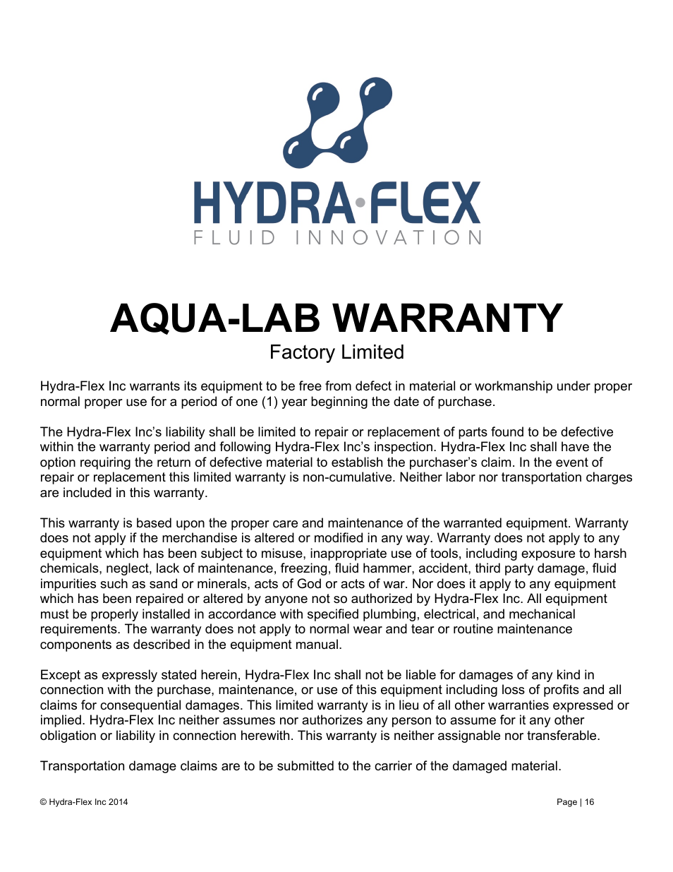 Aqua-lab warranty, Factory limited | Hydra-Flex Aqua-Lab EVO User Manual User Manual | Page 18 / 18