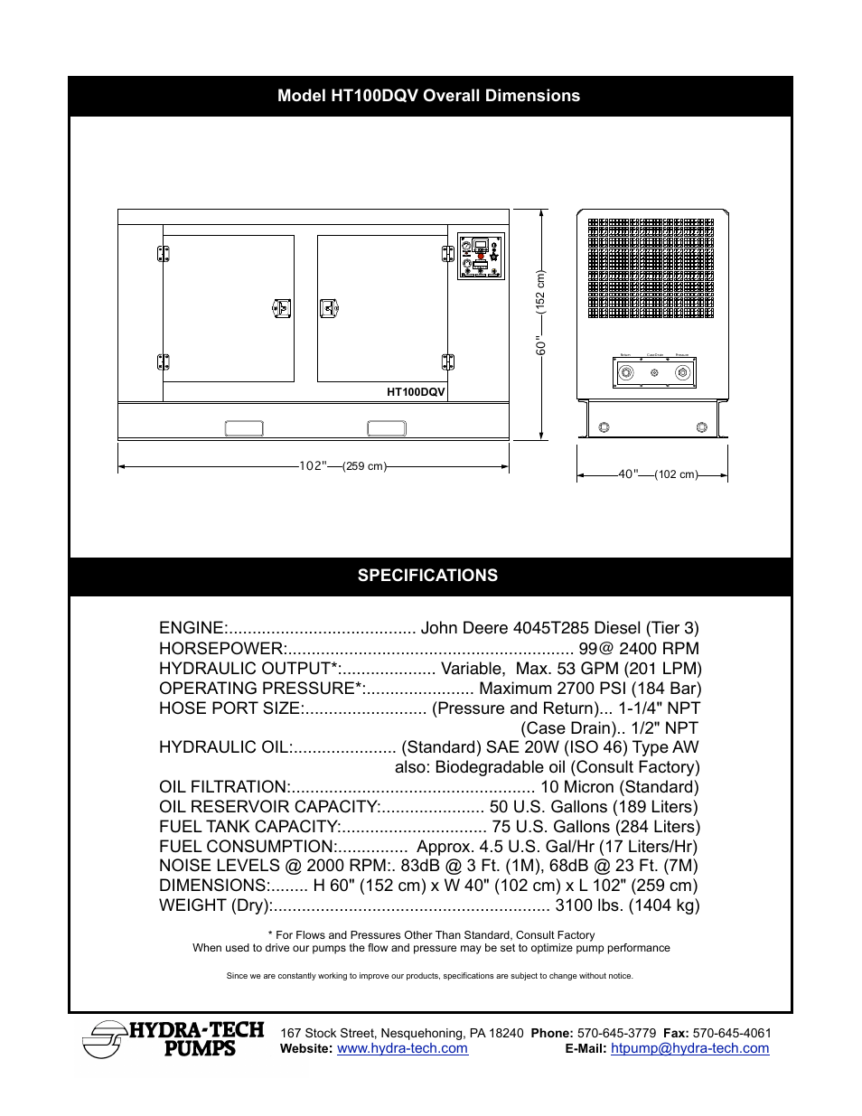 Model ht100dqv overall dimensions specifications | Hydra-Tech HT100DQV User Manual | Page 2 / 2