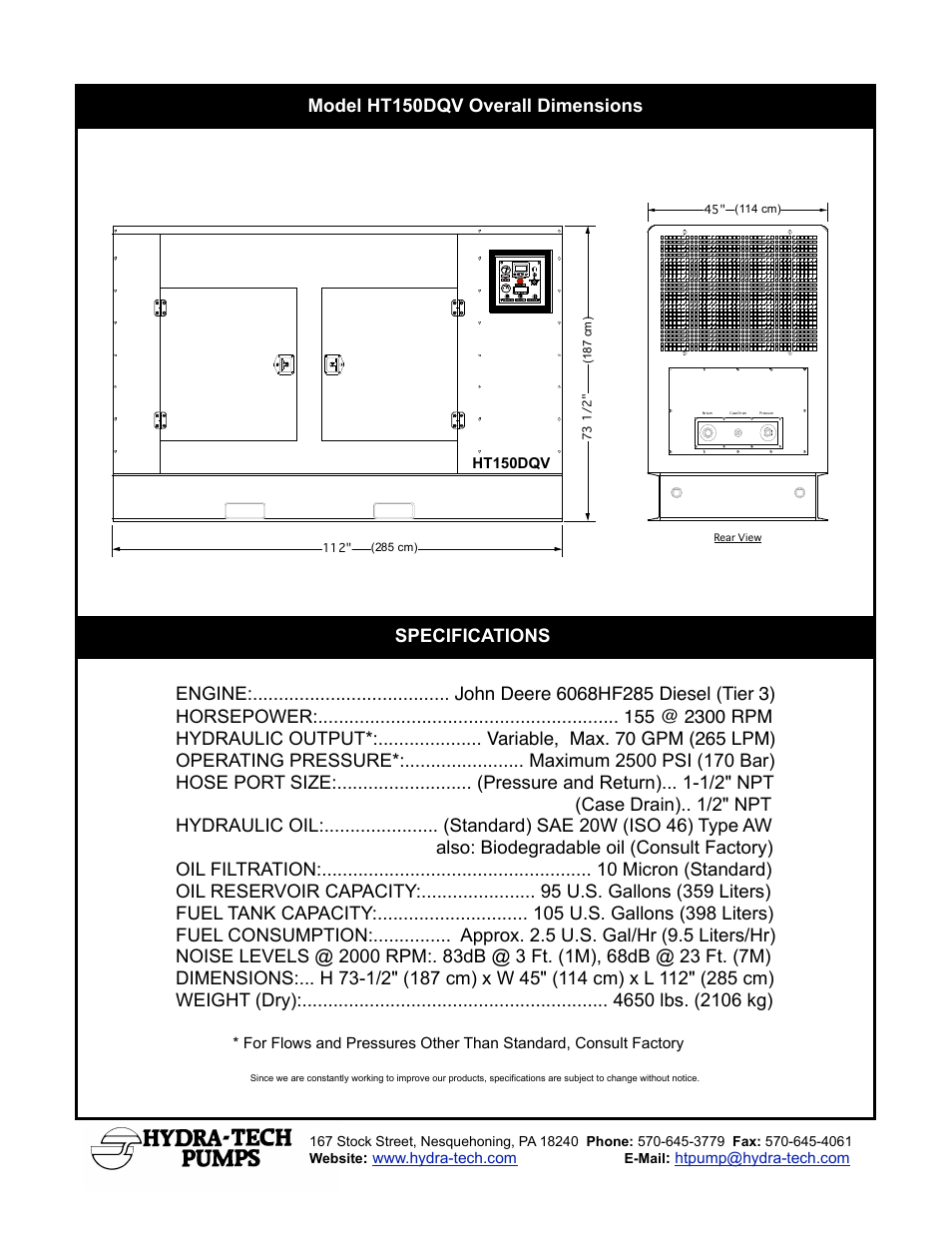 Model ht150dqv overall dimensions specifications | Hydra-Tech HT150DQV User Manual | Page 2 / 2