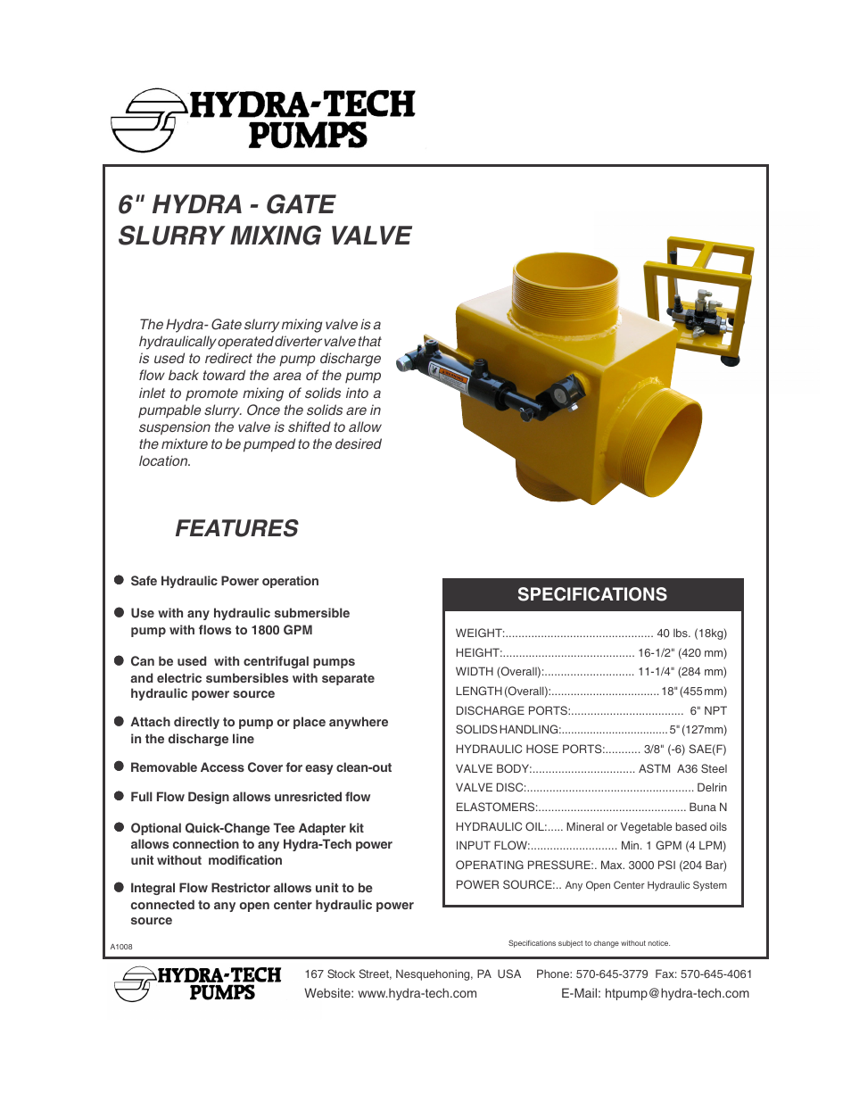 Hydra-Tech 6 HYDRA-GATE SLURRY MIXING VALVE User Manual | 2 pages