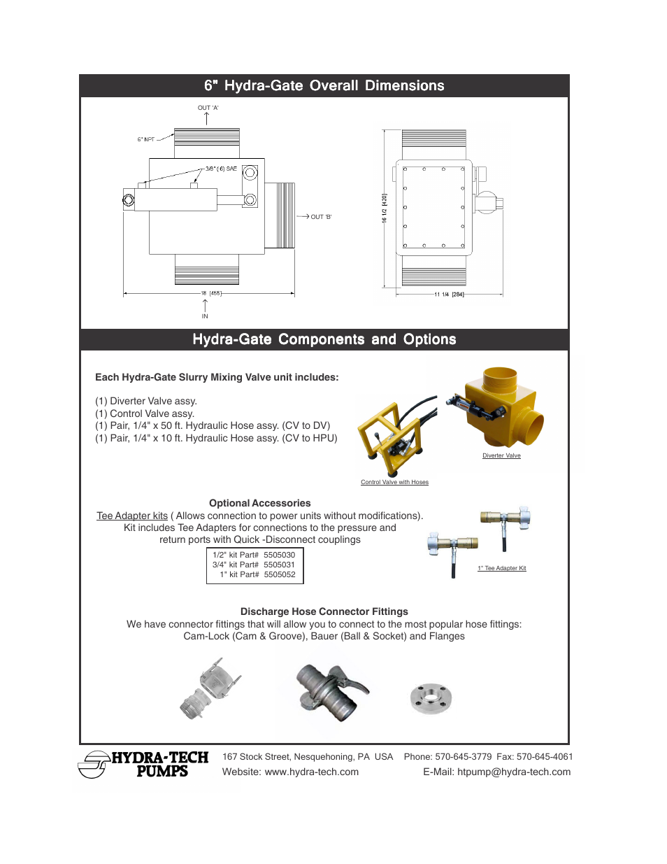 6" hydra-gate overall dimensions, Hydra-gate components and options | Hydra-Tech 6 HYDRA-GATE SLURRY MIXING VALVE User Manual | Page 2 / 2