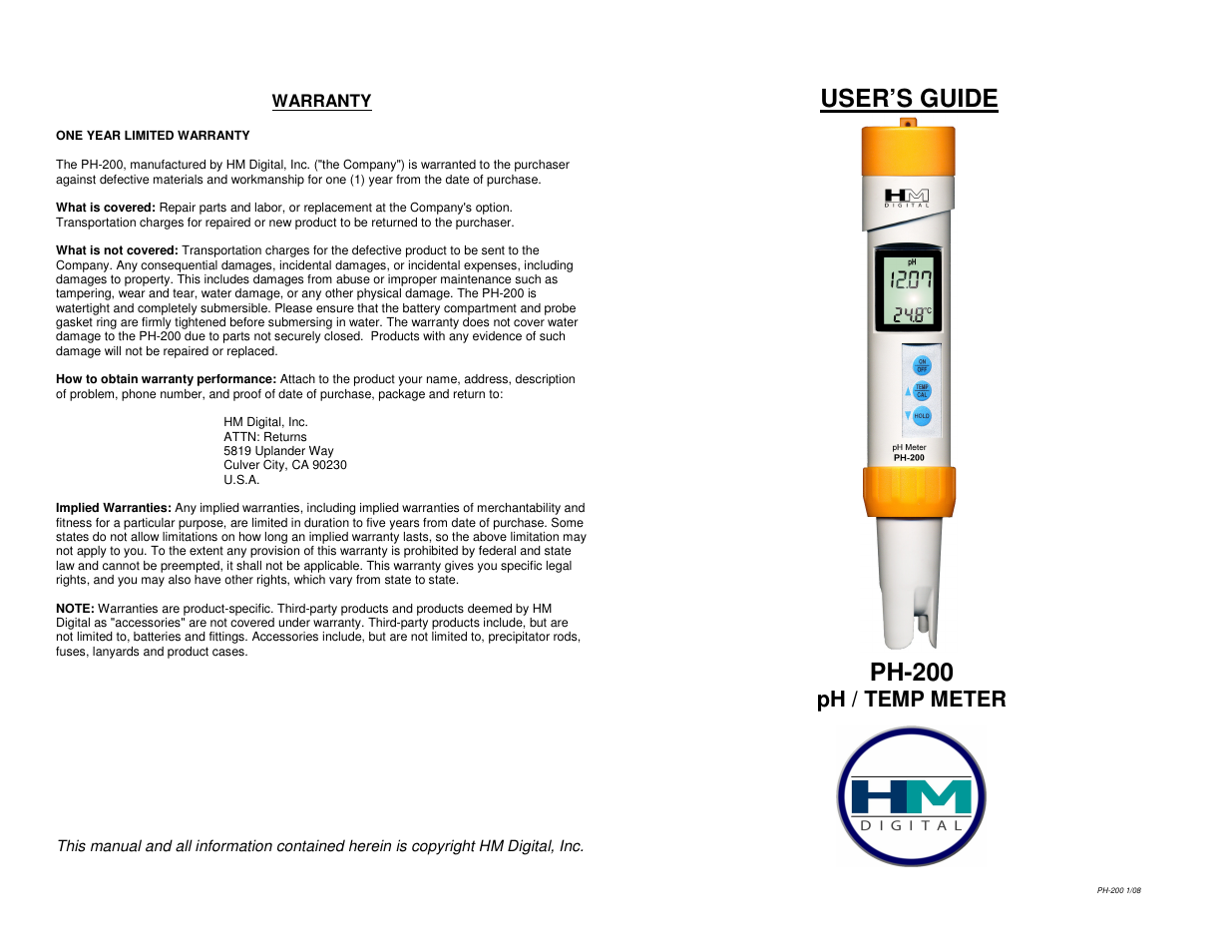 Hydrotech PH-200 pH_TEMP METER User Manual | 5 pages