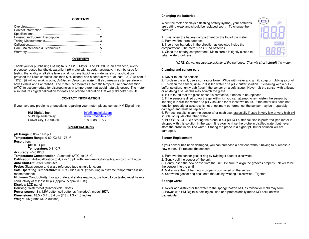 Hydrotech PH-200 pH_TEMP METER User Manual | Page 2 / 5