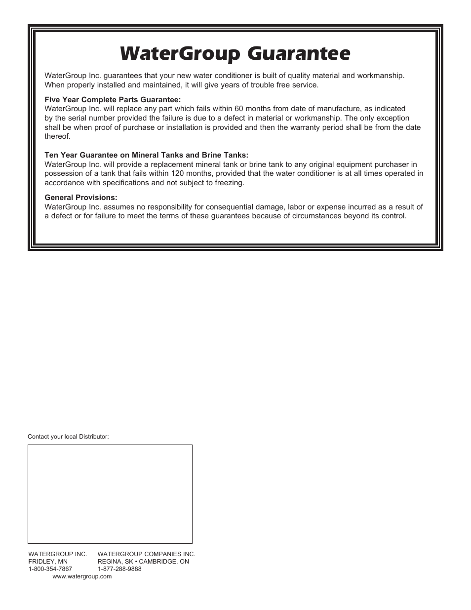 Watergroup guarantee | Hydrotech SL948-10-5600 Residential Scaleless System User Manual | Page 12 / 12