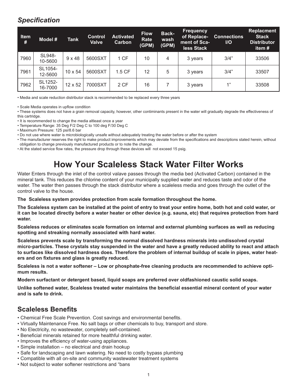 How your scaleless stack water filter works, Scaleless benefits, Specification | Hydrotech SL948-10-5600 Residential Scaleless System User Manual | Page 2 / 12