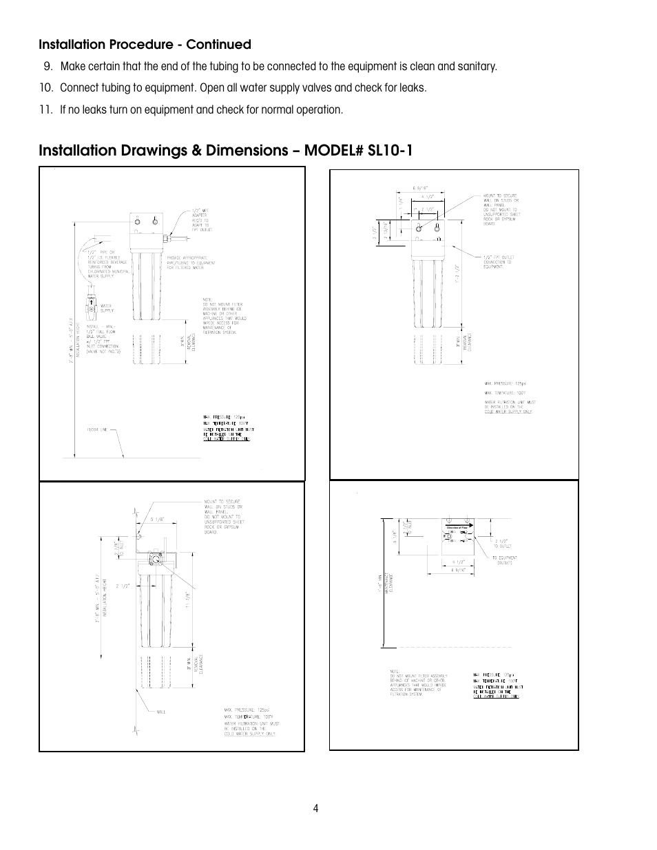 Installation drawings & dimensions – model# sl10-1 | Hydrotech SL10-1 POU Scaleless User Manual | Page 4 / 8