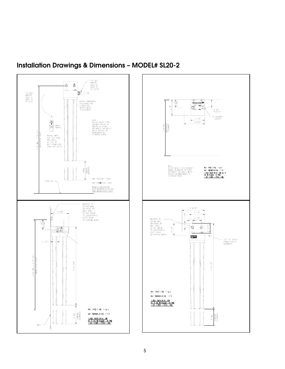 Installation drawings & dimensions – model# sl20-2 | Hydrotech SL10-1 POU Scaleless User Manual | Page 5 / 8