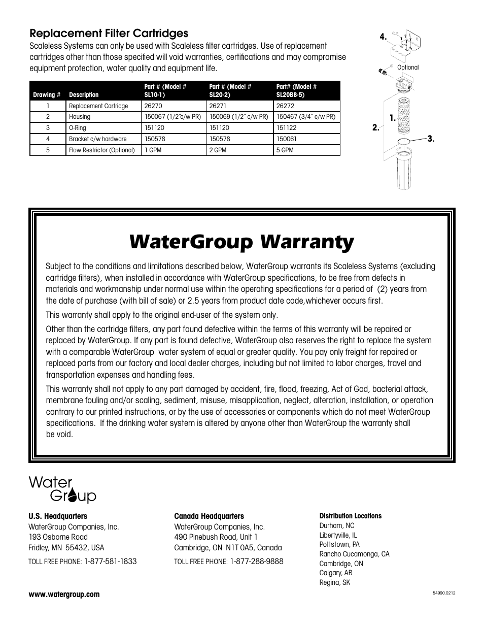 Watergroup warranty, Replacement filter cartridges | Hydrotech SL10-1 POU Scaleless User Manual | Page 8 / 8