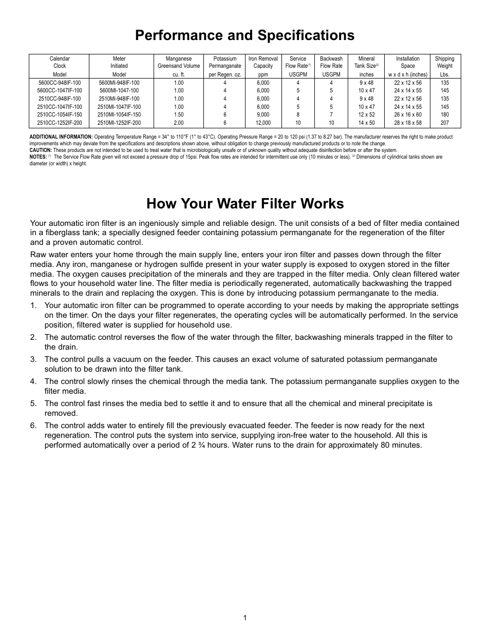 How your water filter works, Performance and specifications | Hydrotech 5600 & 2510 Valve Automatic Iron & Sulfur Filter Operation Manual User Manual | Page 3 / 16