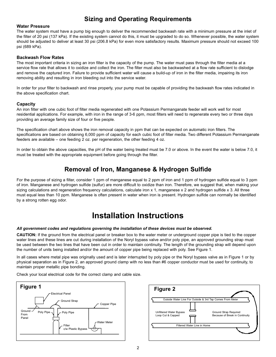 Installation instructions, Sizing and operating requirements, Removal of iron, manganese & hydrogen sulfide | Figure 2 figure 1 | Hydrotech 5600 & 2510 Valve Automatic Iron & Sulfur Filter Operation Manual User Manual | Page 4 / 16