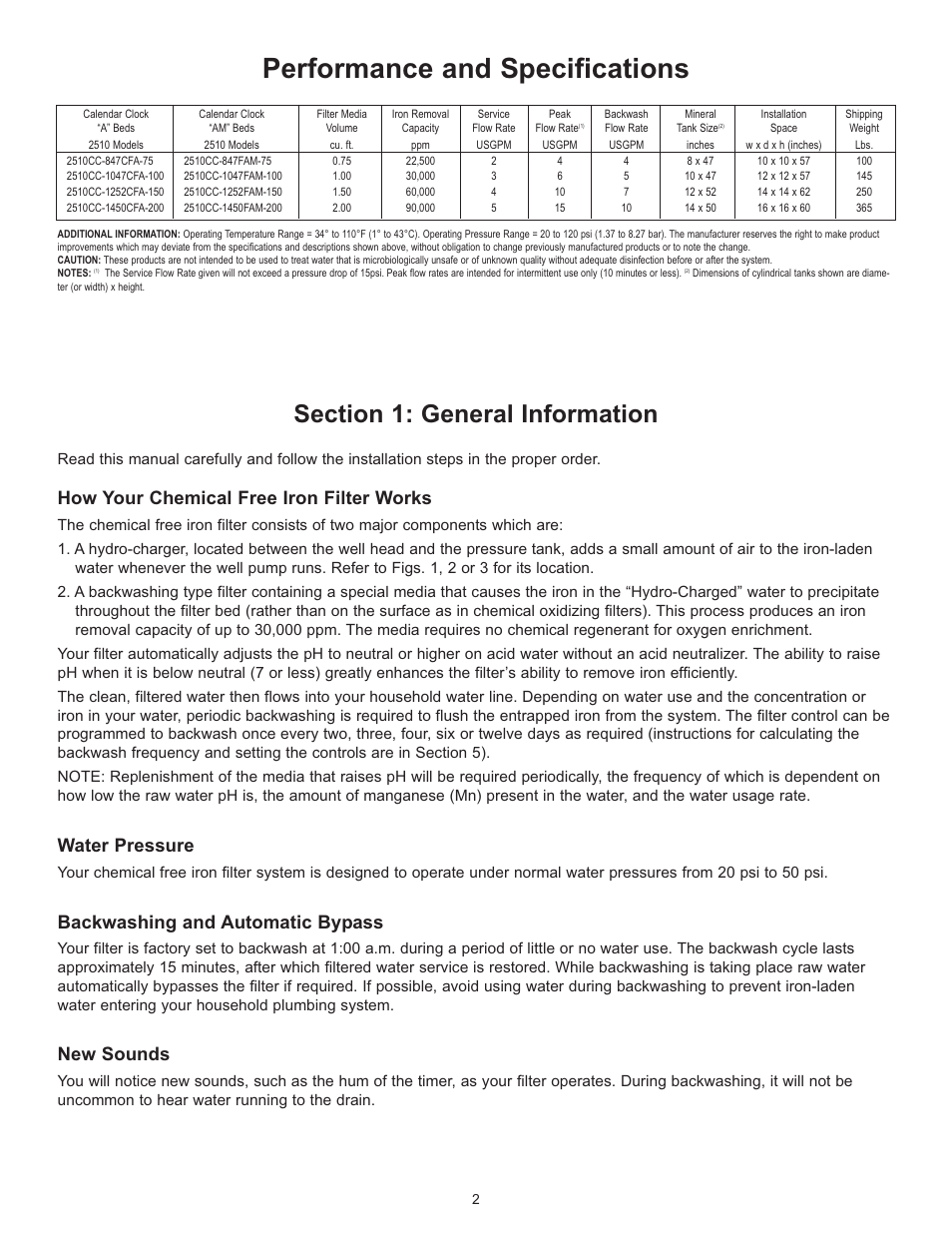 Performance and specifications, How your chemical free iron filter works, Water pressure | Backwashing and automatic bypass, New sounds | Hydrotech 2510 Valve Chemical Free Iron Filter Operation Manual User Manual | Page 2 / 12