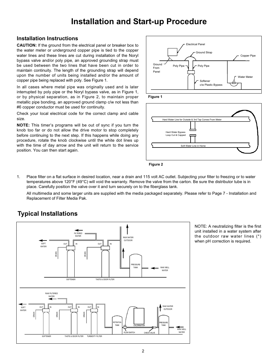 Installation and start-up procedure, Typical installations, Installation instructions | Hydrotech 2510 Valve Automatic Water Filters: Activated Carbon, Turbidity (Multi-Media), Neutralizing User Manual | Page 4 / 12