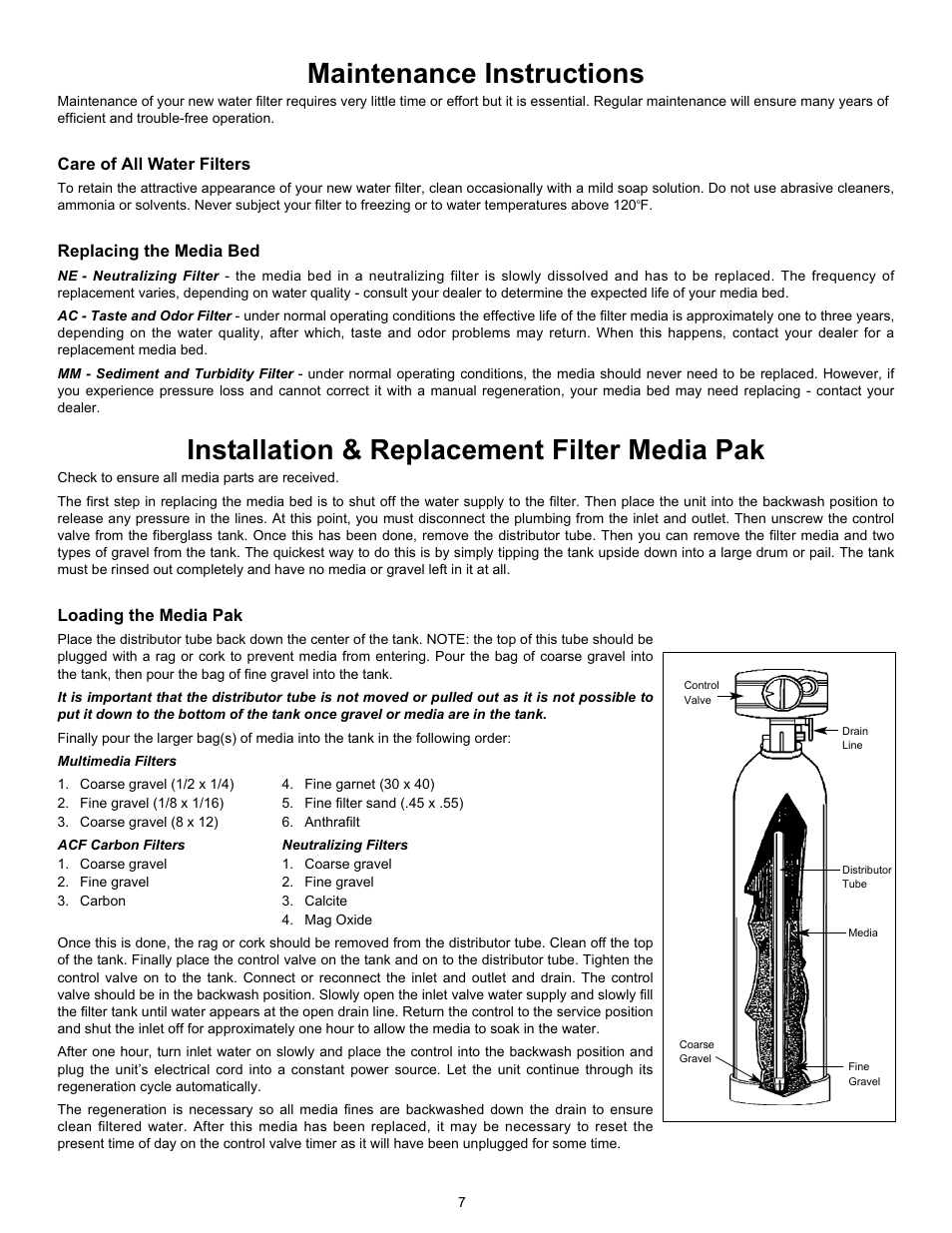 Maintenance instructions, Installation & replacement filter media pak | Hydrotech 2510 Valve Automatic Water Filters: Activated Carbon, Turbidity (Multi-Media), Neutralizing User Manual | Page 9 / 12